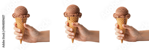 Single Scoop of Dark Chocolate Ice Cream in Waffle Cone over White Background
