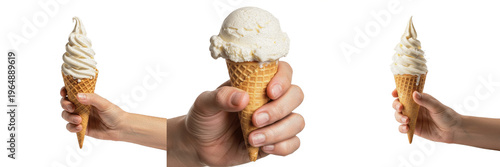 Set of three hands holding vanilla soft serve and scoop ice cream in waffle cones isolated on white background