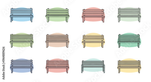 Colorful wooden benches in various hues.