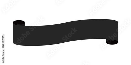 両端が丸まったスクロール風のデザインが特徴的な、フラットな黒いリボン見出し