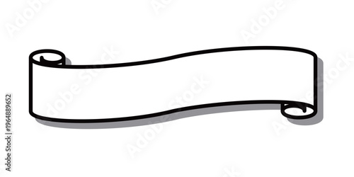 両端が丸まった動きのあるデザインで、見出しに使いやすい白黒のスクロールリボンのバナー