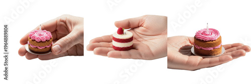 Fotografie Set of hands holding tiny miniature cakes with pink frosting and red velvet laye