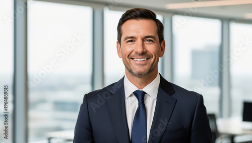 Confident Business Portrait: A distinguished man in a suit exudes confidence in a professional setting, against the backdrop of an urban landscape, ready to conquer any challenge.