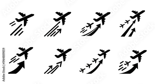 Set of black airplane takeoff and flight icons with motion lines and arrows