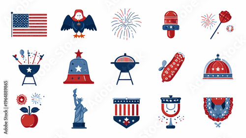 A patriotic flat vector illustration of an American bald eagle soars above various Independence Day icons and symbols on a white background.