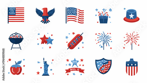 A flat vector illustration of a road trip concept across America with various patriotic icons and symbols.