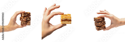 Photos Hand holding a stack of chocolate brownies and cake bars with nuts isolated on w