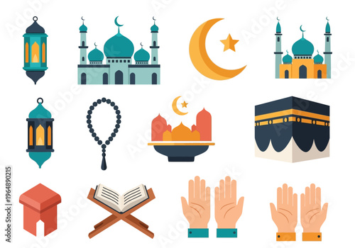 Islamic Icon Set for Ramadan Kareem and Eid Mubarak - Flat Vector Illustration featuring Mosque, Kaaba, Quran, Lantern, and Prayer Hands