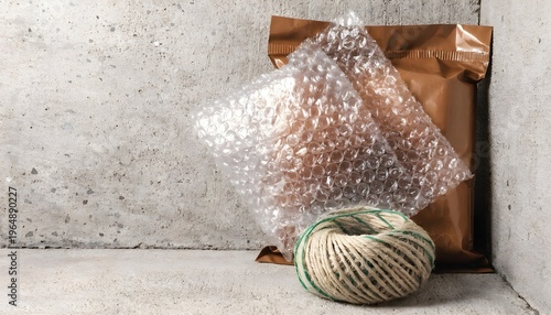 Industrial Packing Materials with Bubble Wrap, Mailing Bag, and Twine Against Concrete Wall