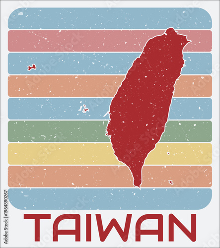 Taiwan vintage logo. Shape of the country on retro colored stripes background. Taiwan map design with grunge scratch texture. Vector illustration.
