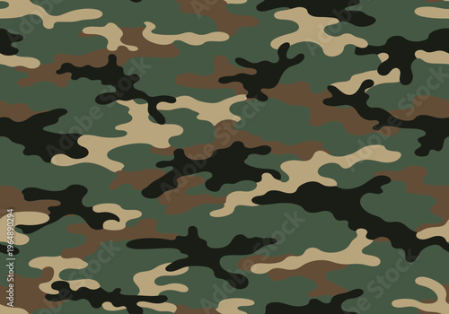 Seamless Military Camouflage Pattern Background, Woodland Army Texture with Green, Brown, and Tan Colors for Tactical, Hunting, and Apparel Design
