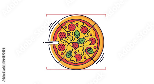 Vibrant stylized pepperoni pizza illustration with basil ready for enjoyment and sharing a perfect