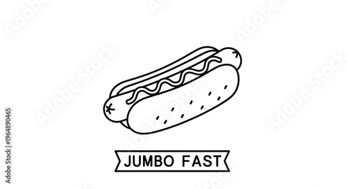 Line art illustration of a classic hot dog with mustard in a bun perfect for fast food graphics