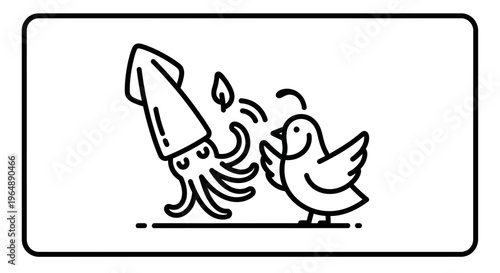 A charming line art illustration of a cheerful squid sharing a delicate leaf with a happy little
