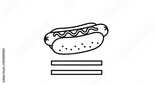Minimalist line art illustration of a classic hot dog with condiment served on a simple tray icon