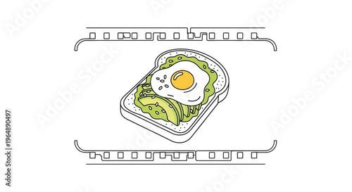 Wholesome avocado toast with fried egg presented in a unique film strip frame illustration