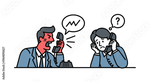 Angry businessman shouting on phone to confused colleague, customer service conflict illustration
