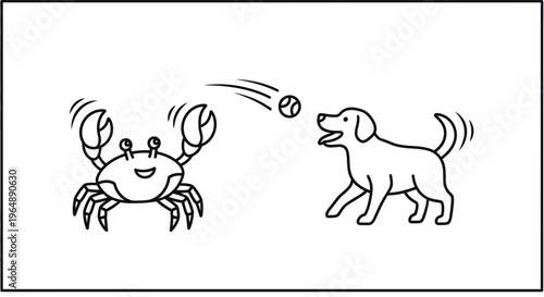 Whimsical line art showcasing a smiling crab playing fetch with an excited canine pet