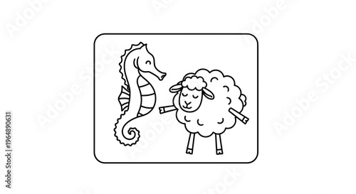 A cute black outline drawing of a friendly seahorse and a fluffy sheep interacting happily