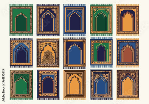 Collection of Traditional Islamic Prayer Rugs with Ornate Mihrab Designs and Geometric Patterns, Perfect for Ramadan and Religious Graphics