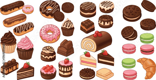 Assorted bakery desserts collection with donuts cakes cupcakes macarons chocolate pastries and cookies in flat vector style, sweet food icons isolated on white background