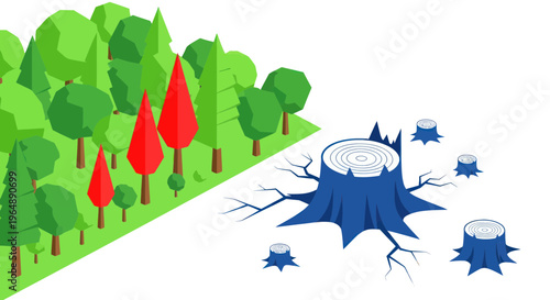 Deforestation Concept: Healthy Forest vs. Cleared Land with Tree Stumps