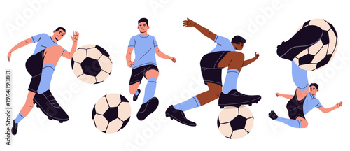 Flat vector illustration set of soccer players performing different actions with a ball. Ideal for sports apps, football training guides, youth coaching materials, and active lifestyle designs