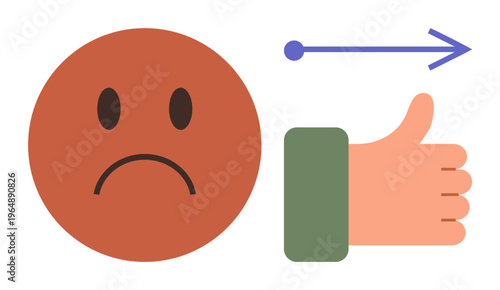 Feedback, improvement, transformation, decision making, evaluation, change management. Sad face followed by an arrow and thumbs up. Feedback and improvement concept