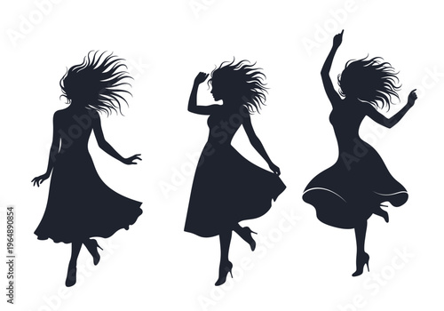 Silhouettes of Elegant Women Dancing in Flowing Dresses and High Heels, Set of Dynamic Female Figures in Motion with Long Hair isolated on White Background