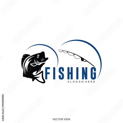 Fishing Sport Logo with Fish and Rod Vector Illustration
