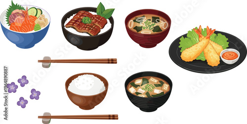 Japanese cuisine set with sushi ramen rice tempura and traditional dishes in flat vector style, Asian food collection isolated on white background for menu design