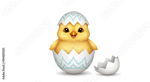 A cute yellow chick hatches from a white and blue eggshell on a plain white background, symbolizing Easter and springtime joy