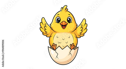 A cute yellow chick hatches from an eggshell with a cheerful expression, ideal for Easter, nursery, and kids' products, depicted in a colorful cartoon style against a clean white background