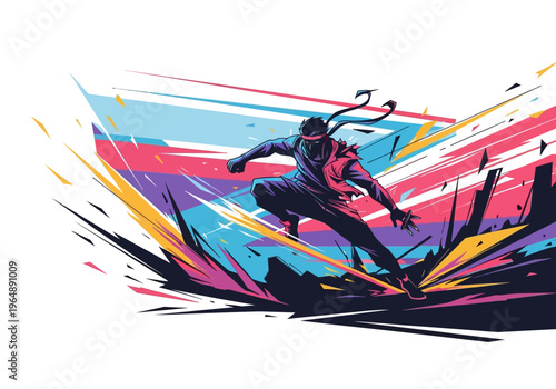 Dynamic Ninja Warrior Action Vector Illustration with Vibrant Colorful Motion Lines and Geometric Background