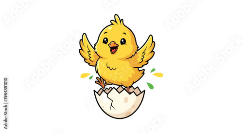 A cute yellow chick hatches from an eggshell with colorful sparks, conveying a joyful and celebratory Easter mood in a cheerful illustration