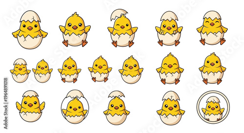 A set of cute, cartoon Easter chick mascots hatching from eggs in various poses, ideal for nursery, kids' products, and school materials, with a colorful and fun design