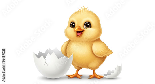 A cute yellow chick stands beside a broken eggshell, conveying a joyful and colorful Easter celebration symbol