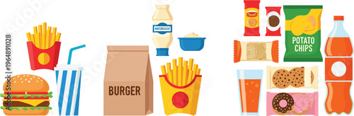 Fast food set with burger fries soda chips donuts and snacks in flat vector style, junk food collection isolated on white background for menu design