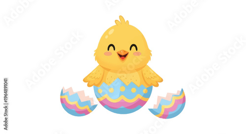 A cute yellow chick hatches from a colorful eggshell, conveying a joyful Easter celebration for kids and nursery products with a cheerful cartoon character