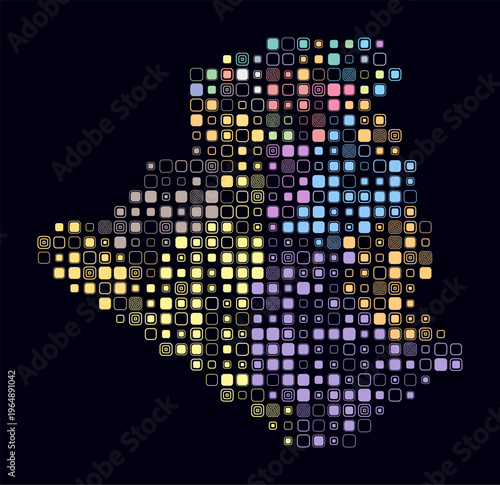 Algeria, shape of the country build of colored cells. Digital style map of the Algeria on dark background. Large size rounded square blocks. Trending vector illustration.