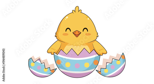 A cute yellow Easter chick hatches from a colorful egg shell with a joyful expression on its face against a clean white background
