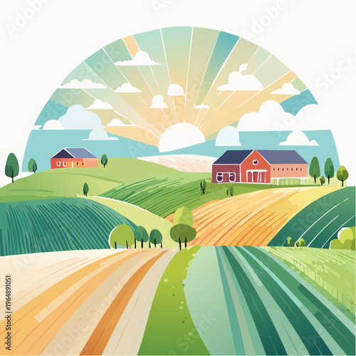 Vibrant rural landscape with sunbeams illuminating rolling hills and farms