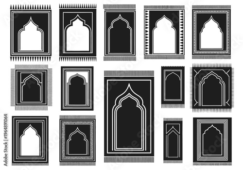 Islamic Prayer Rug Icons Set - Black Silhouette Sajadah Collection with Mihrab Designs for Ramadan and Eid Decor