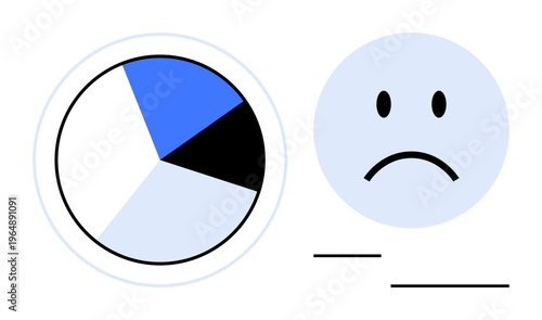 Sadness concept. A pie chart paired with a frowning face explores sadness from analytical and emotional perspectives. Sadness linked to feedback, mental health, and self-awareness. Business analysis