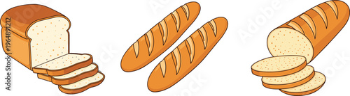 Bread collection including sliced loaf baguettes and fresh bakery products in flat vector style, wheat food illustration isolated on white background for baking design