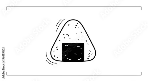 Minimalist black and white outline illustration of a traditional Japanese onigiri rice ball snack