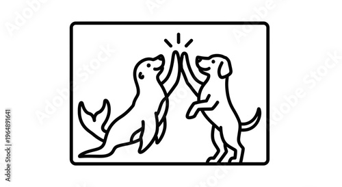 Charming line art of an unlikely animal duo, a dog and a seal, celebrating with a joyful high-five