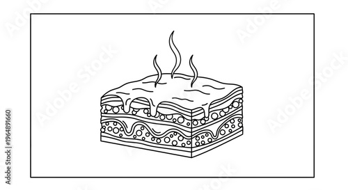 Simple vector outline of a warm layered dish with steaming sauce, perfect for a cozy meal graphic