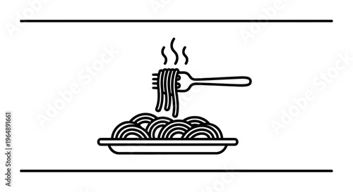 Minimalist hot pasta illustration featuring fork twirling steaming spaghetti from a plate
