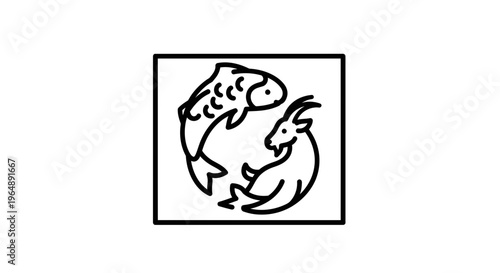 Simple black and white line art depicting a fish and a goat intertwined within a square frame